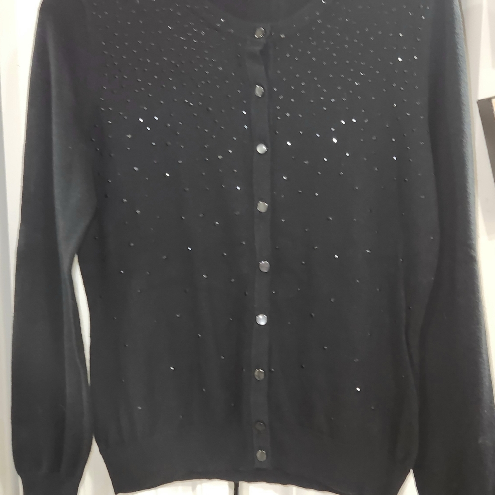 MERONA Black Sparkly Button Down Cotton Long Sleeve Cardigan Sweater Medium - Picture 2 of 7